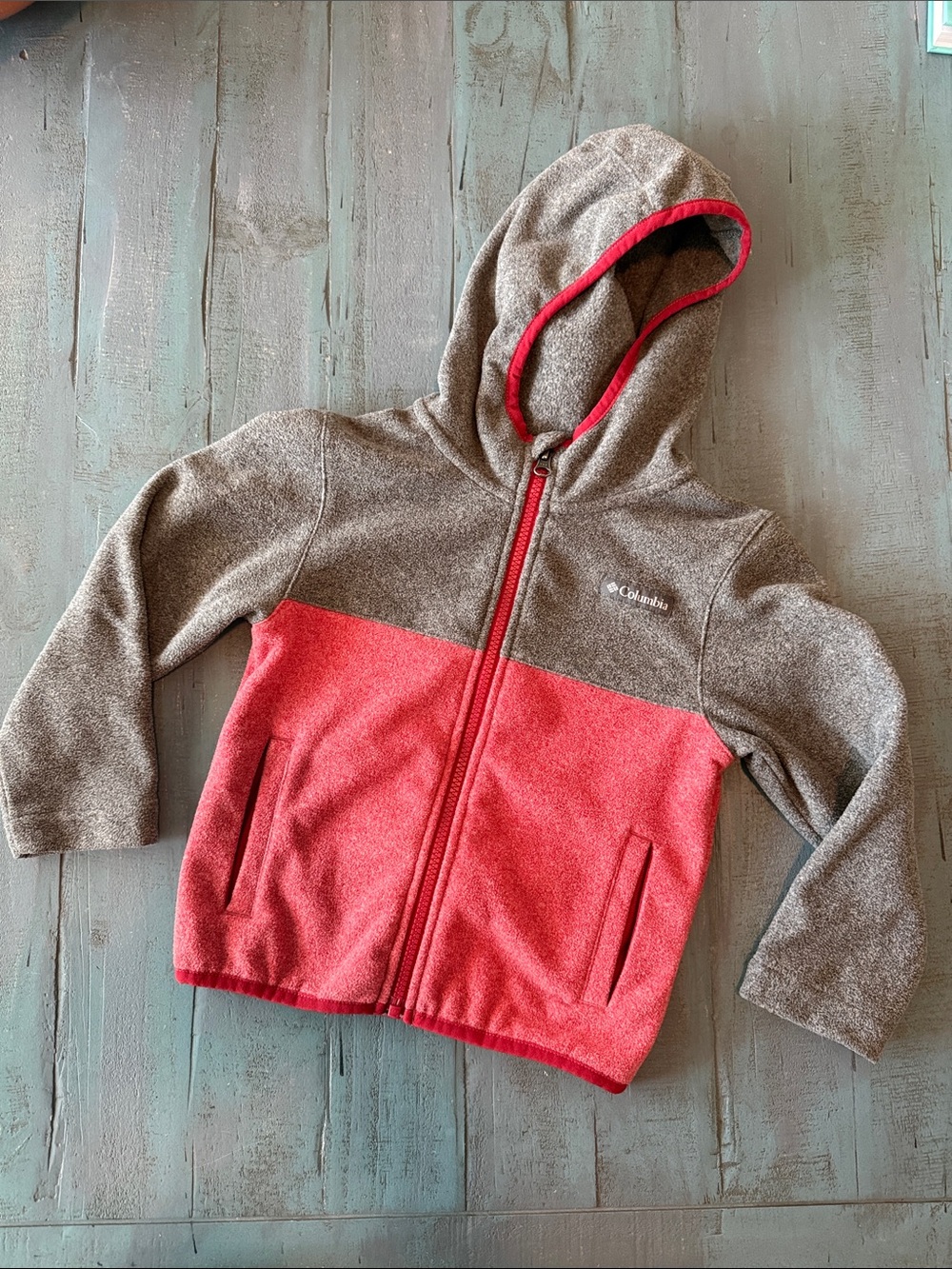Columbia Unisex Size XXS 4/5 Two-Tone Hooded Fleece Jacket in Gray & Red, EUC